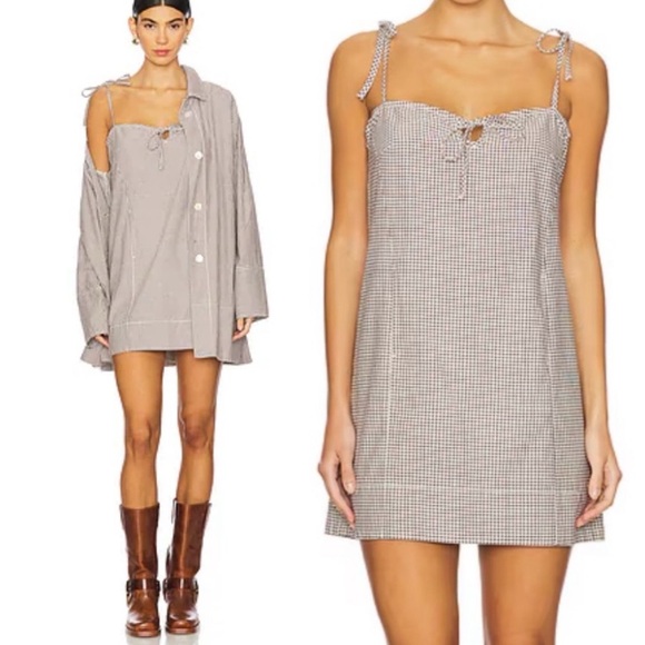 Free People Arlo Plaid Mini Dress Slouchy Sweetheart Neck  Medium Ivory Combo - Picture 3 of 16